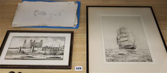 Rowland Langmaid, etching, The Cutty Sark, signed in pencil, 30 x 20cm and sundry unframed prints and drawings